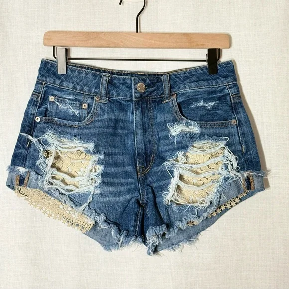 American‎ Eagle Hi-Rise Festival Denim Shorts Lace Distressed Size 6 - Picture 2 of 7
